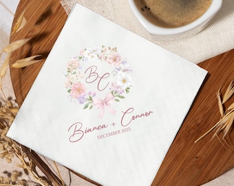 Personalized Wedding Napkins, Wildflower Wedding Napkins, Elegant Watercolor Ribbon Decor, Baby in Bloom, Pastel Flowers Baby Shower Napkins