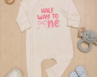 Half Birthday Coquette Baby Bodysuit, Pink Bow Newborn, ,Gift for Baby Clothes, Girl Birthday Clothing, Funny Pregnancy Reveal