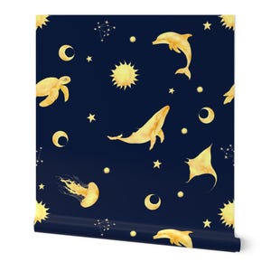 Sfondo con animali marini celestiali - Download digitale | Motivo senza soluzione di continuità con balene e delfini dorati | Sfondo stampabile | Alta risoluzione