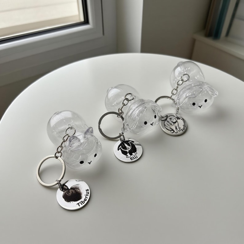 May include: Clear plastic keychains with cartoon animal faces and silver keyrings. Each keychain has a small, round charm with a black and white animal illustration and a name. The keychains are on a white surface.