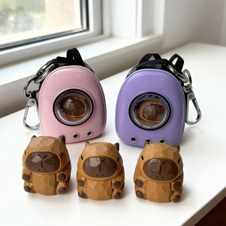 May include: Two small, rounded pet carriers in pink and purple, each with a clear window and a black handle. Three carved wooden capybara figurines are in front of the carriers. The carriers have silver-colored carabiner clips.