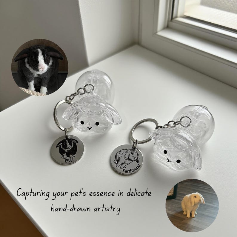 May include: Clear glass bunny-shaped keychains with silver keyrings and engraved pet portraits on round tags. The text "Capturing your pet's essence in delicate hand-drawn artistry" is also visible.