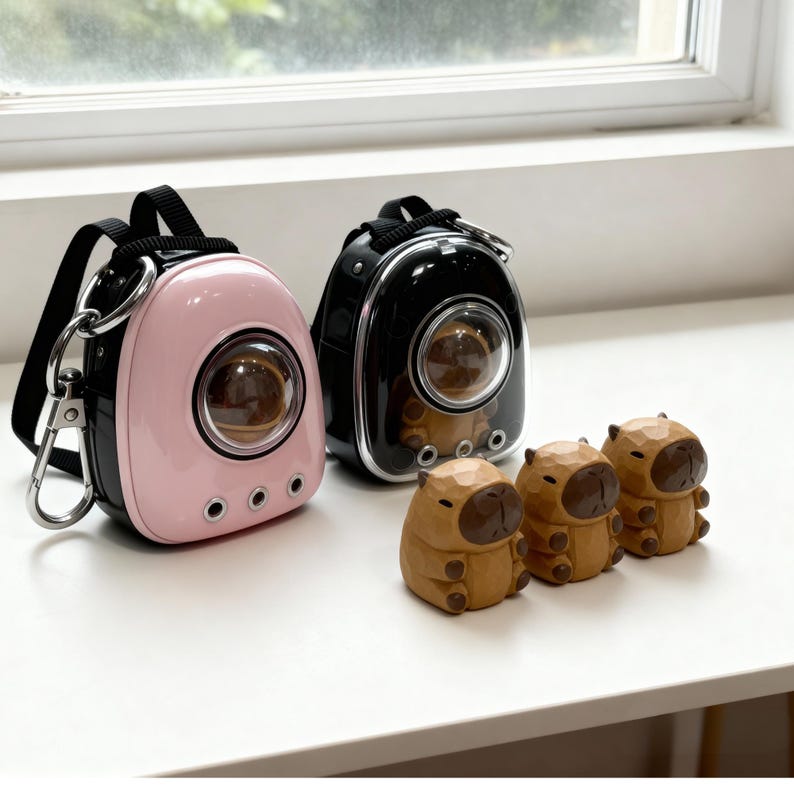 May include: Two pet carrier backpacks, one pink and one black, with clear bubble windows. Three small, wooden capybara figurines are in front of the carriers. The carriers have black straps and silver-colored hardware.