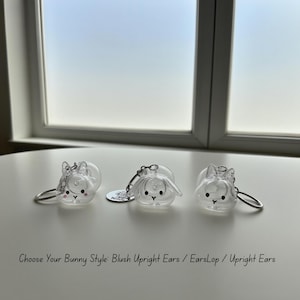 May include: Three clear bunny-shaped keychains with silver keyrings. Each bunny has a different ear style: blush upright ears, earslop, and upright ears. The text "Choose Your Bunny Style" is at the bottom.
