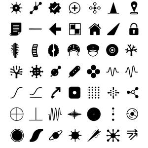 Könnte beinhalten: Eine Sammlung schwarzer Symbole in einem Raster, betitelt mit BLACK MIXED ICONS. Das Set enthält verschiedene Zeichen wie geometrische Formen, Pfeile, wissenschaftliche Diagramme, Navigationsmarkierungen und abstrakte Muster in einheitlichem Schwarz.