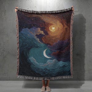 Sun And Moon 100% Cotton Woven Blanket, Celestial Gift Woven Tapestry, Spiritual Decor Sofa Throw, Astronomy Lover Gift Throw Blanket Decor
