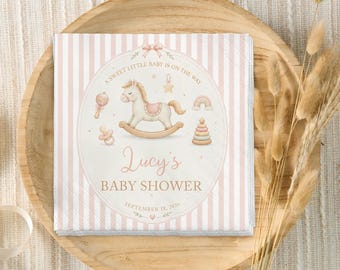 Sweet Little Baby Custom Napkins, Pink Rocking Horse Shower Decor, Vintage Toy Cocktail Napkins, Girl Baby Shower Favors