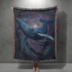 Cosmic Whale Ocean Lover 100% Cotton Woven Blanket, Spiritual Hippie Gift Woven Tapestry, Celestial Astronomy Art Throw, Yoga Meditation.