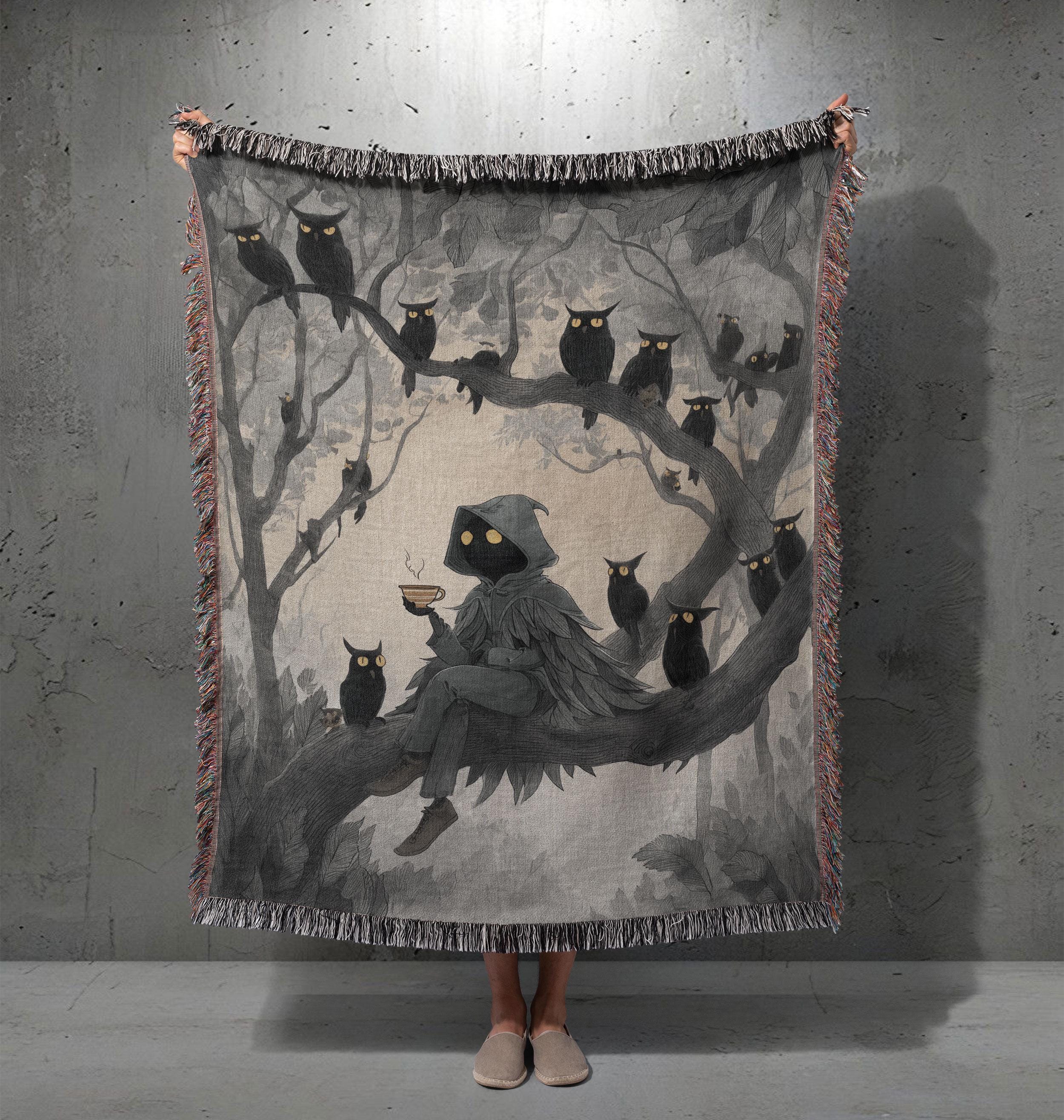Enchanted Owl Gathering 100% Cotton Woven Blanket, Dark Academia Fantasy Art Throw, Forest Spirit Co