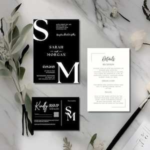 Minimalistische Hochzeitseinladungsvorlage, modernes Schwarz-Weiß-Einladungsset, bearbeitbare Canva RSVP-Kartendetails, elegantes druckbares PDF C003