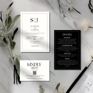Modelo de convite de casamento minimalista, conjunto de convites modernos em preto e branco, detalhes do cartão RSVP editáveis do Canva, PDF elegante para impressão C003