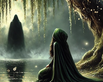 May include: An ethereal painting depicts a figure in a green hooded cloak seated by a reflective body of water, facing a dark, cloaked silhouette. The scene is set under a weeping willow, with glowing orbs adding a mystical ambiance.