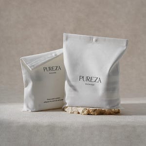 Peut inclure: Deux pochettes en tissu blanc avec fermetures à pression, chacune imprimée avec le texte noir PUREZA PACKAGE. La plus petite pochette comporte un texte supplémentaire indiquant Reduce plastic pollution, safeguard the earth with soft power.