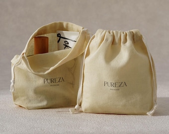 50pcs Custom Cotton Drawstring Bags with Logo, Natural Color Packaging Pouches, Flat Bottom Cotton Bags CM-04
