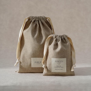 50pcs Linen Dust Bags with label: Custom Logo & Size, Cosmetic, Clothes, Gift Packaging B1-02