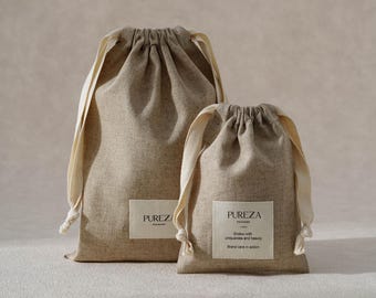 50pcs Linen Dust Bags with label: Custom Logo & Size, Cosmetic, Clothes, Gift Packaging B1-02