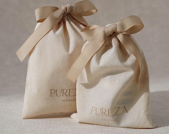 50pcs Custom Cotton Drawstring Bags with Logo, Personalized Gift Pouches, Wedding Favor Bags BC-02