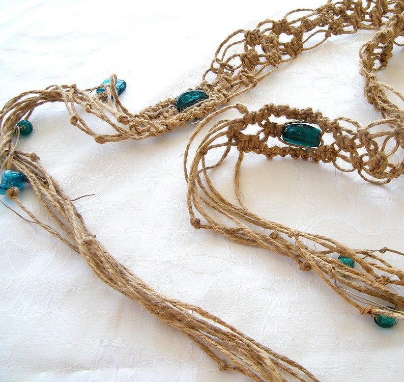 Decor belt Shabby chic jute retro belt, Nature jute yarns Glass tourquise beads Boho belt Gift idea for her Macrame Belt