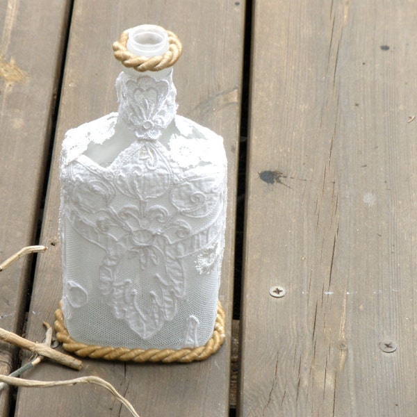 Crochet Lace Bottle, Home Decor, Upcycled  Bottle, Shabby chic Decor ,Laced glass Bottle, Vintage Wedding Decor, Vtg Style Rectangle Bottle.