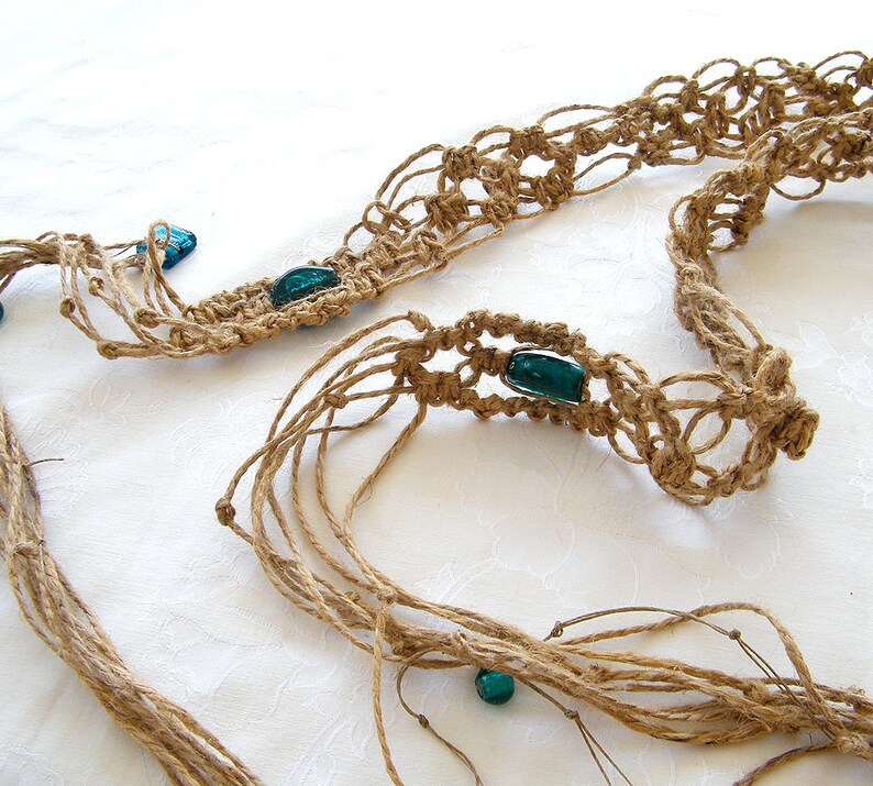 Decor belt Shabby chic jute retro belt, Nature jute yarns Glass tourquise beads Boho belt Gift idea for her Macrame Belt