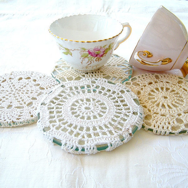 Vintage fabric white beige antique lace crochet cups coasters. 4 elegant pieces.