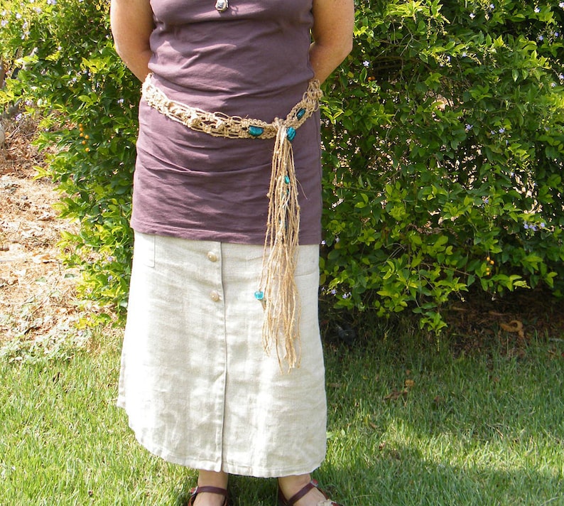 Decor belt Shabby chic jute retro belt, Nature jute yarns Glass tourquise beads Boho belt Gift idea for her Macrame Belt
