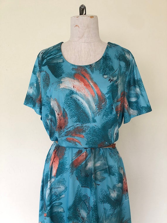 Vintage 1970's dress turquoise BRUSH STROKES abst… - image 4