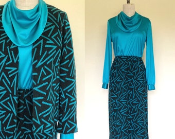 Vintage 1960's dress and blazer set Henry Lee TURQUOISE TRIANGLES cowl neck long sleeved dress - S/M