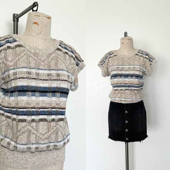 80’s Striped Knit Top Vintage Oatmeal & Navy Shor… - image 1