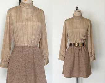 Vintage Mod 70s Dress Cappucino Colored  Long Sleeved High Neck Mini With Pockets - S