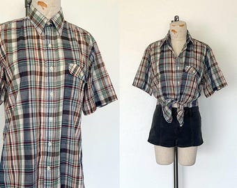 Vintage 80's Thin Plaid Button Up Shirt Unisex Muted Multicolor Fitted Short Sleeve - Medium