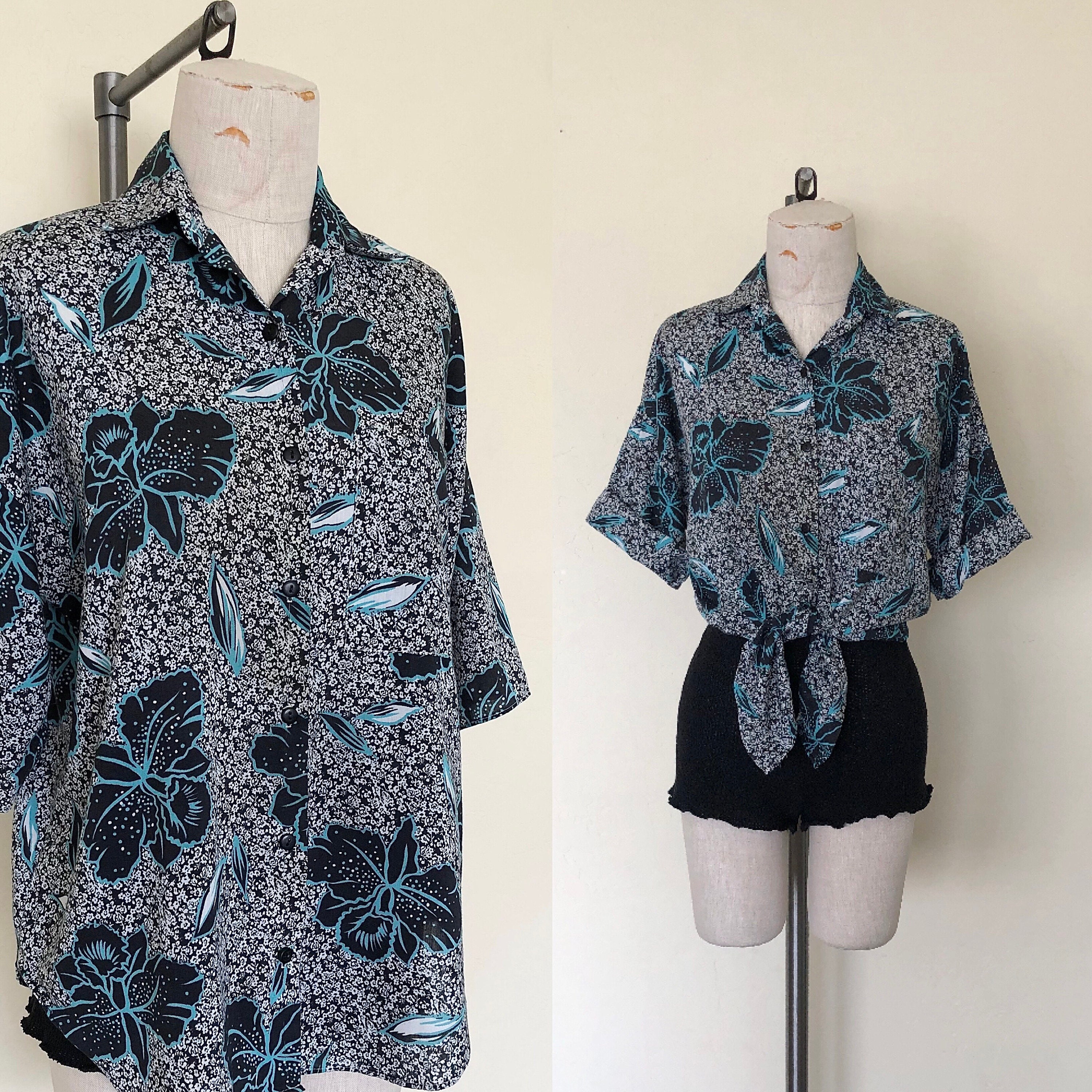 80’s Hawaiian Shirt Vintage Hibiscus Print Short Sleeved Button Up Blouse - M