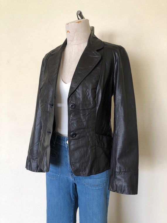 70's Black Leather Jacket Vintage 1970's Collared… - image 4