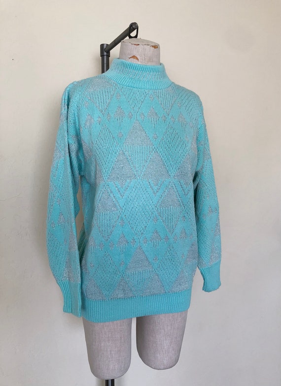 80's Geometric Sweater Vintage Turquoise & Metall… - image 6
