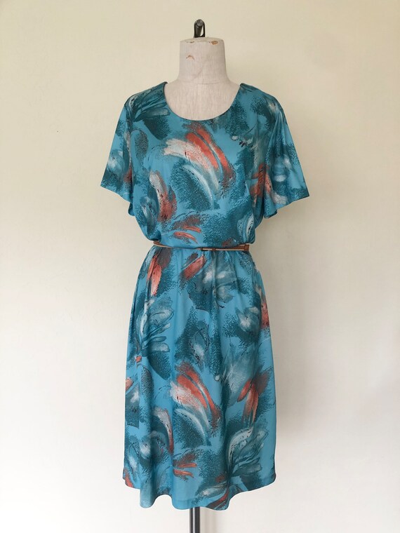 Vintage 1970's dress turquoise BRUSH STROKES abst… - image 2