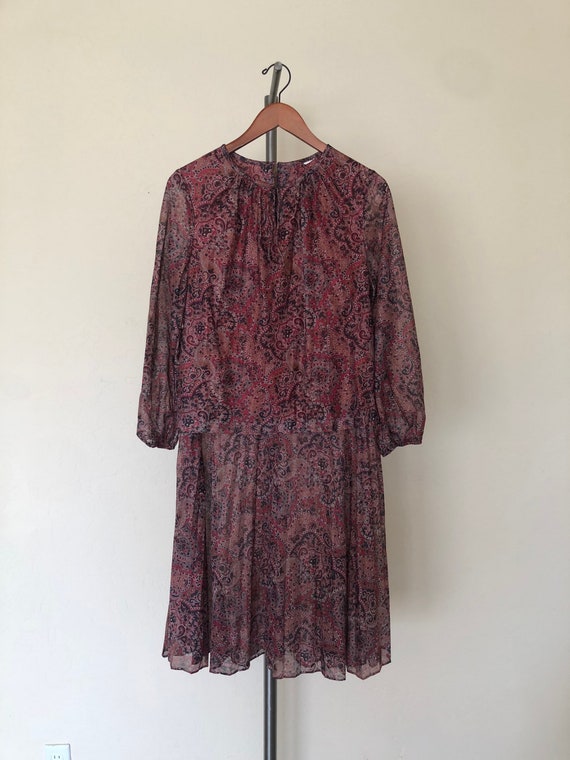 Vintage 1970's dress rust BROWN PAISLEY print sem… - image 8