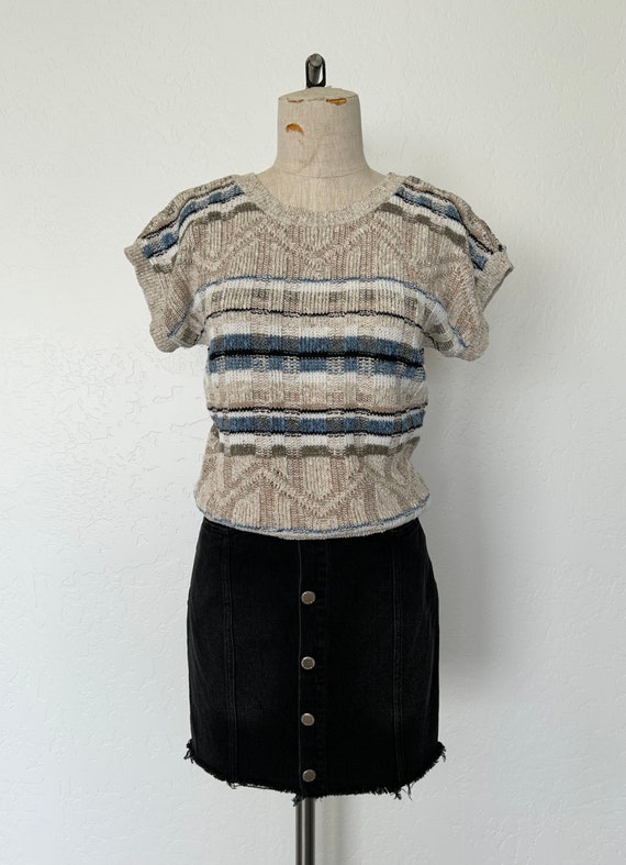 80’s Striped Knit Top Vintage Oatmeal & Navy Shor… - image 2