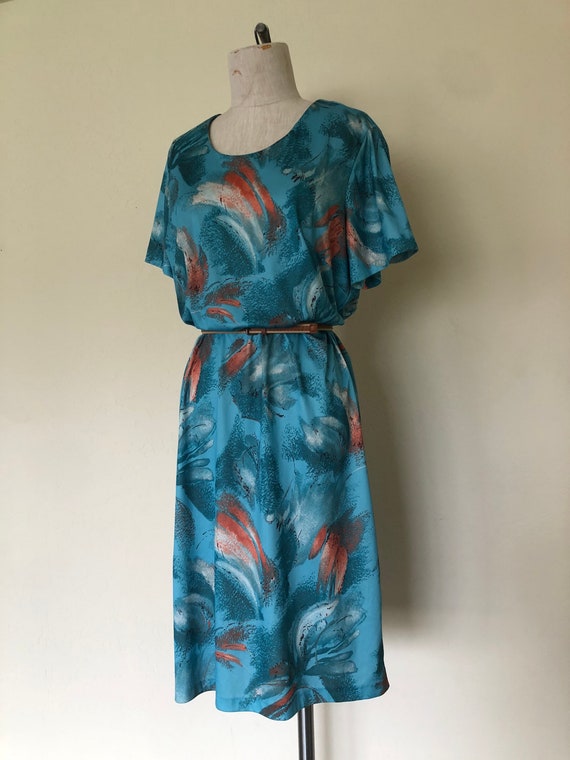 Vintage 1970's dress turquoise BRUSH STROKES abst… - image 5