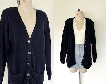 80’s / 90’s Navy Cardigan Vintage 1980’s / 1990’s Deep V-Neck Preppy Knit Sweater - M