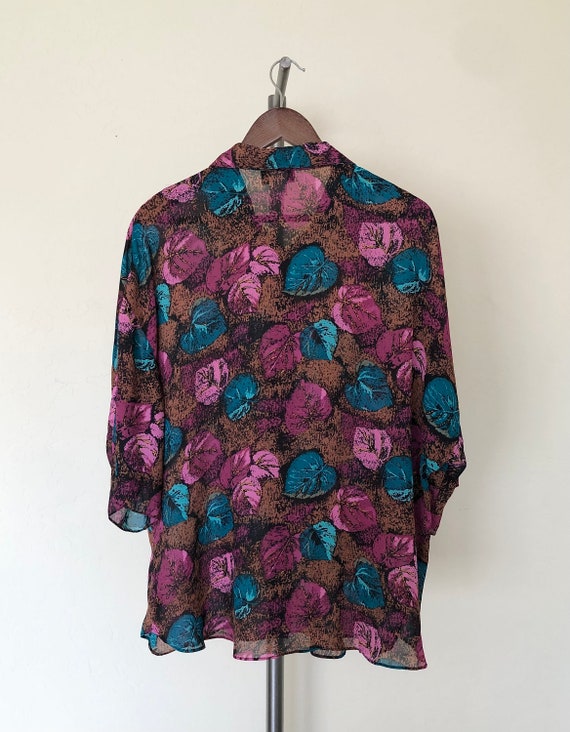 Vintage 1980's blouse BRONZE LEAVES semi-sheer bu… - image 10