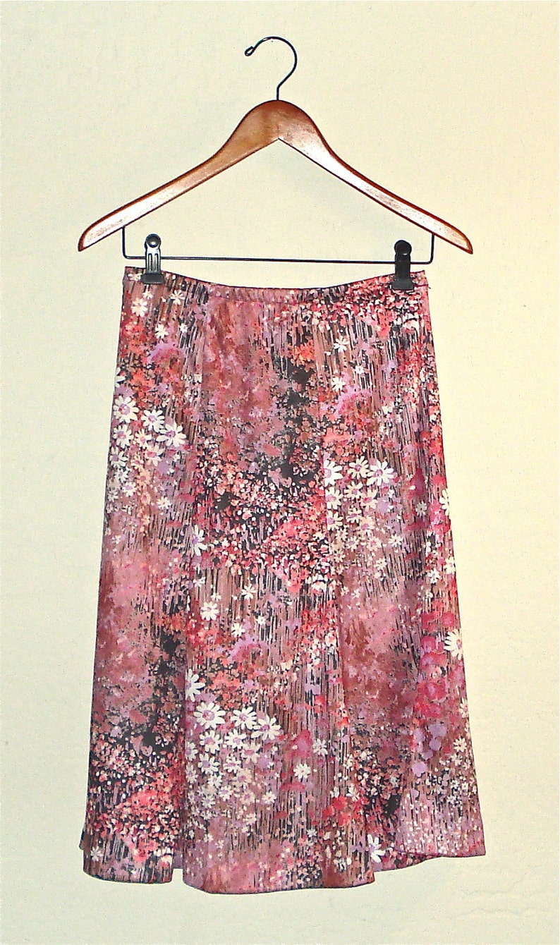 Vintage 1970s retro dress set PINK FLORAL matching two-piece ascot top and skirt S/M image 7