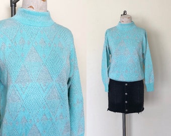 80's Geometric Sweater Vintage Turquoise & Metallic Silver Mock Neck Knit Pullover - S/M