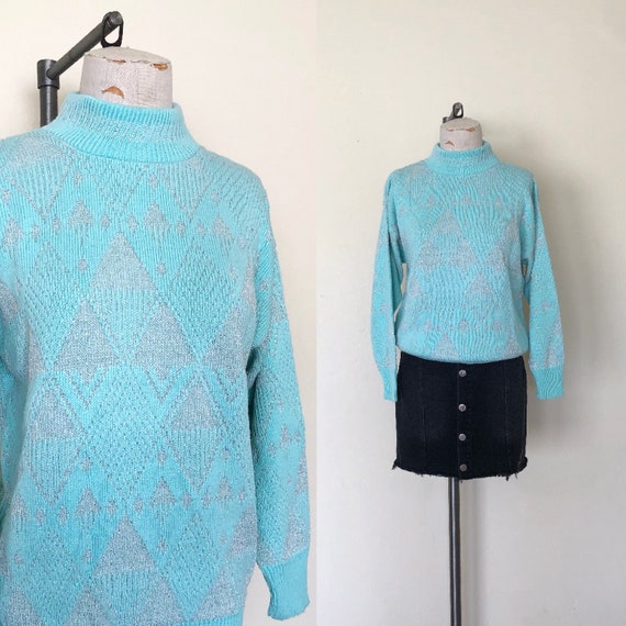 80's Geometric Sweater Vintage Turquoise & Metall… - image 1