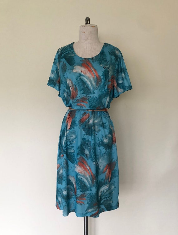 Vintage 1970's dress turquoise BRUSH STROKES abst… - image 3