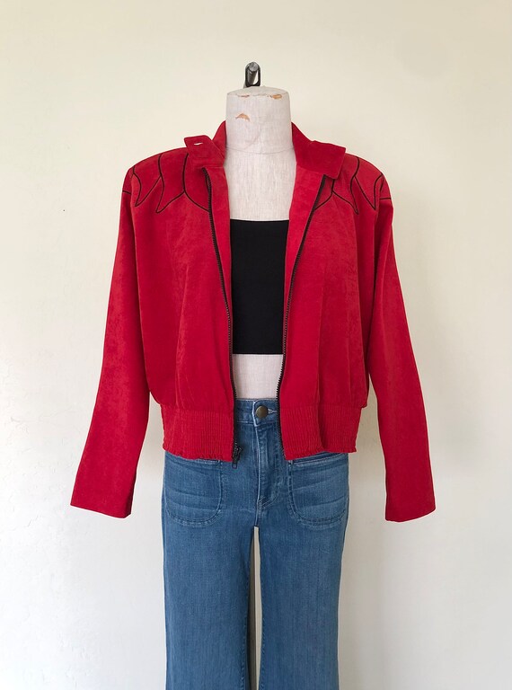 80's Red Jacket Vintage Zippered Suede Applique Zippered Mock Neck