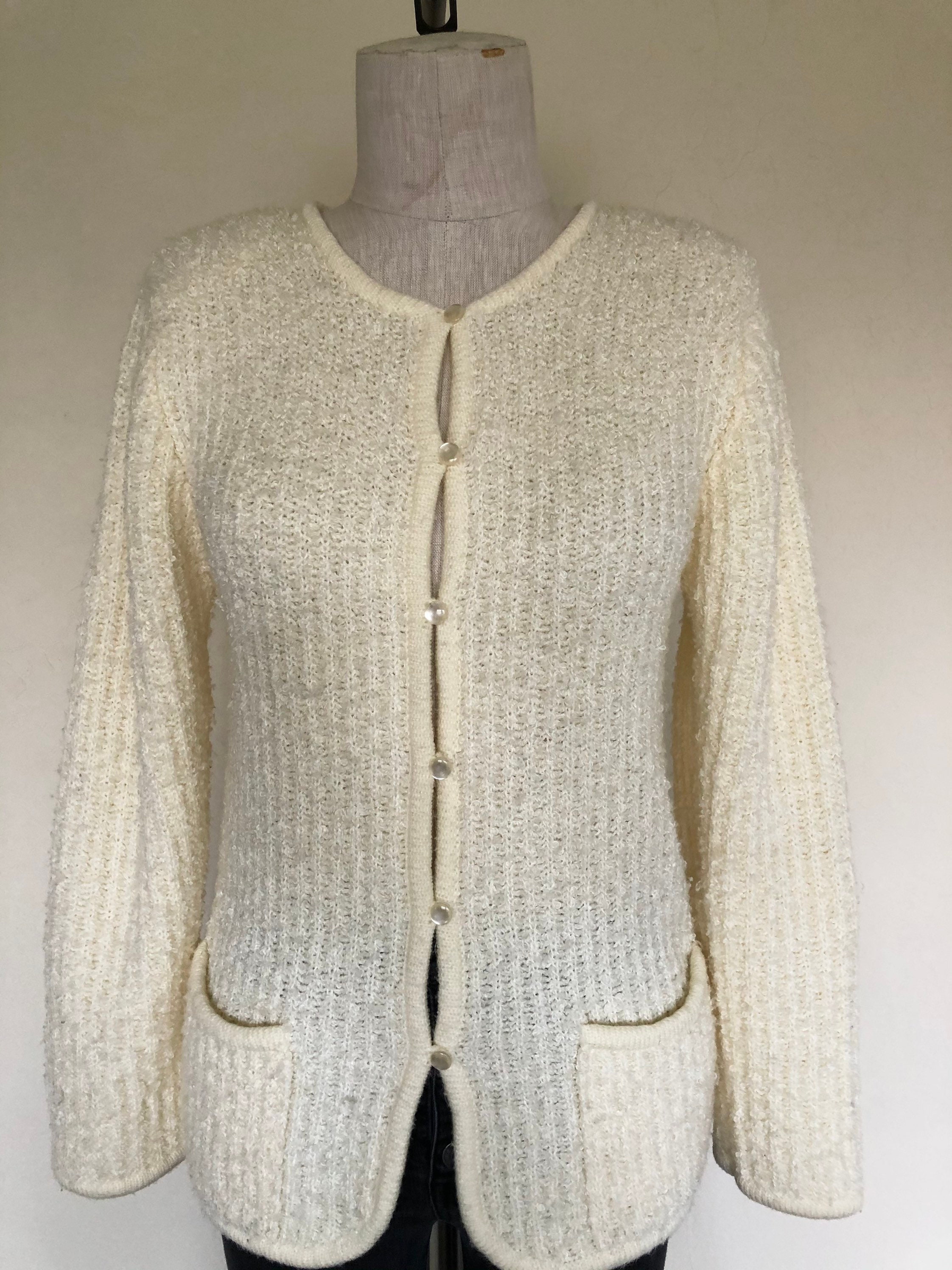 Vintage 1990's cardigan CREAM TEXTURED knit with shoulder | Etsy