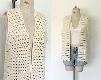 Vintage 70's Handmade Crochet Vest Beige Boho Open Knit Long Hippie Vest - Medium