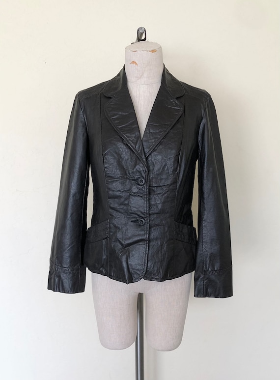 70's Black Leather Jacket Vintage 1970's Collared… - image 5