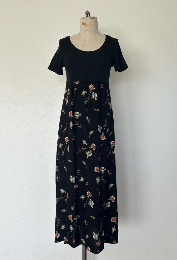 90's Long Babydoll Dress Vintage 1990's Black Short Sleeved Waffle Knit Top With Floral Print Maxi Made in USA - S/M - Etsy UK 90's Long Babydoll Dress Vintage 1990's Black Short Sleeved Waffle Knit Top With Floral Print Maxi Made in USA - S/M - Etsy UK