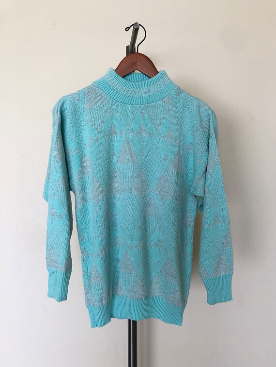 80's Geometric Sweater Vintage Turquoise & Metall… - image 8
